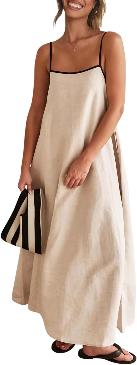 Senllen Women's Linen Maxi Dress 2026 Summer Fall Sundress with Pockets | Adjustable Spaghetti Straps Sleeveless Backless Tie Back Contrast Trim Casual Beach Vacation Wedding Guest Boho Dresses