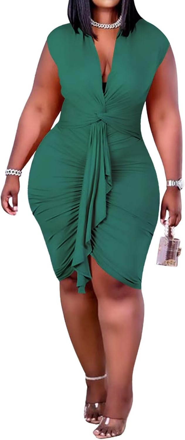 IyMoo Women's Sexy Plus Size Bodycon Drawstring Ruched Mini Club Dress | Sleeveless, Short Dress, Clubwear, Party,Night Out, Evening,Date, Brunch, Vacation, Holiday, Wedding,Homecoming,Tummy Control