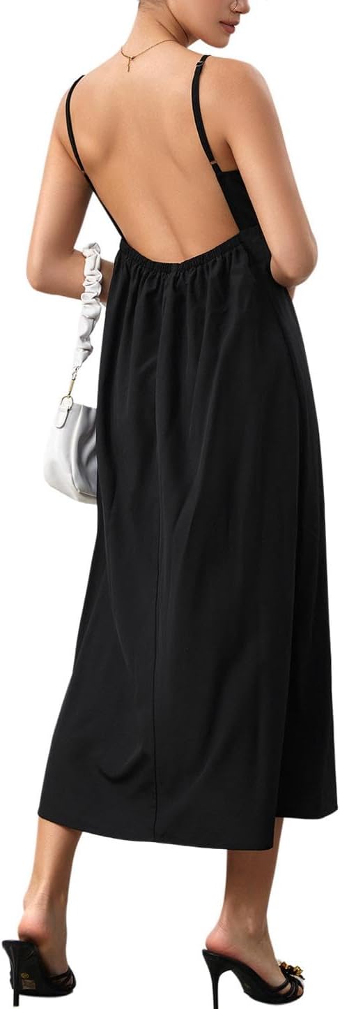 SOLY HUX Women's Summer Backless V Neck Loose Flowy Midi Cami Dress | Spaghetti Strap, Casual, Vacation Outfits, Sundress, Open Back, Long Dress， Trendy