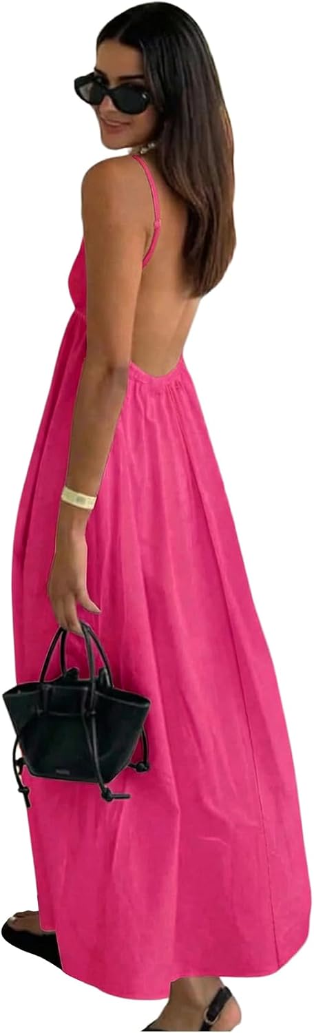 SOLY HUX Women's Summer Backless V Neck Loose Flowy Midi Cami Dress | Spaghetti Strap, Casual, Vacation Outfits, Sundress, Open Back, Long Dress， Trendy