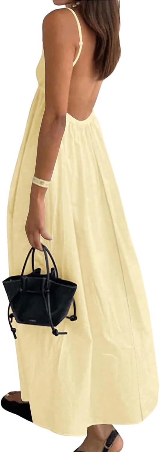IQLWI Women's Dress V Neck Backless Spaghetti Strap Maxi Flowy Sundress | Summer Vacation Casual Long Beach Boho Dresses