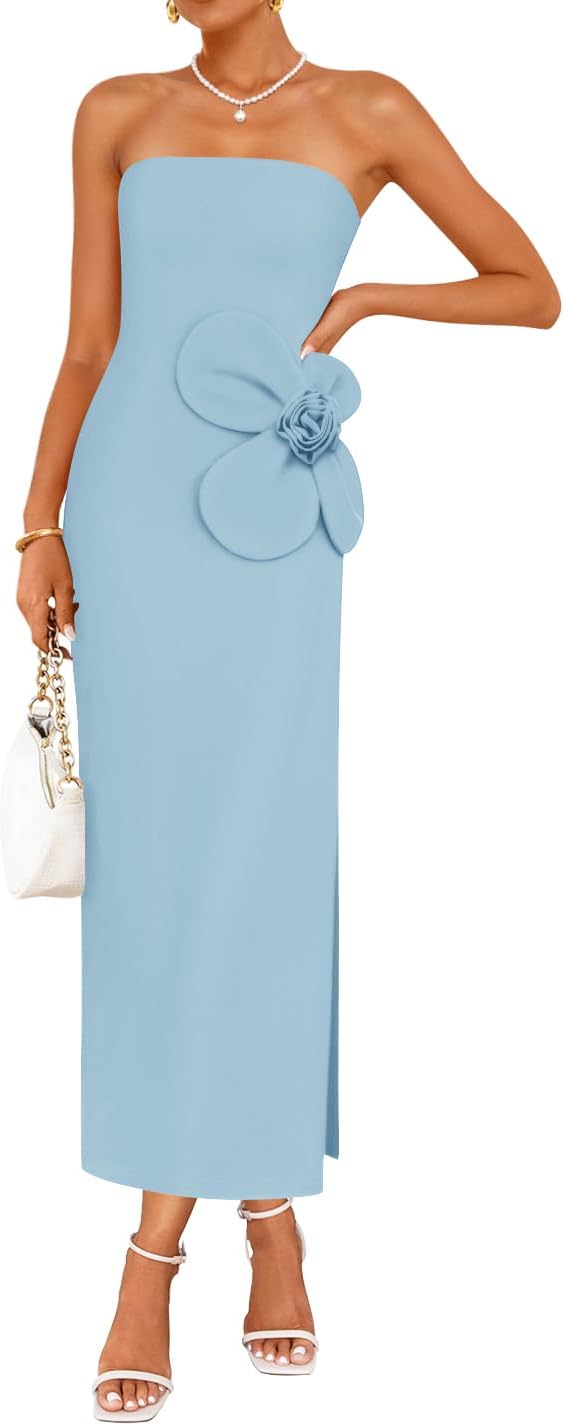 ZESICA Womens Summer Cocktail Strapless Bodycon Maxi Dress | Backless, Floral Tube Dress, Formal Long Dress, Wedding Guest Dress, Party Dress for Women