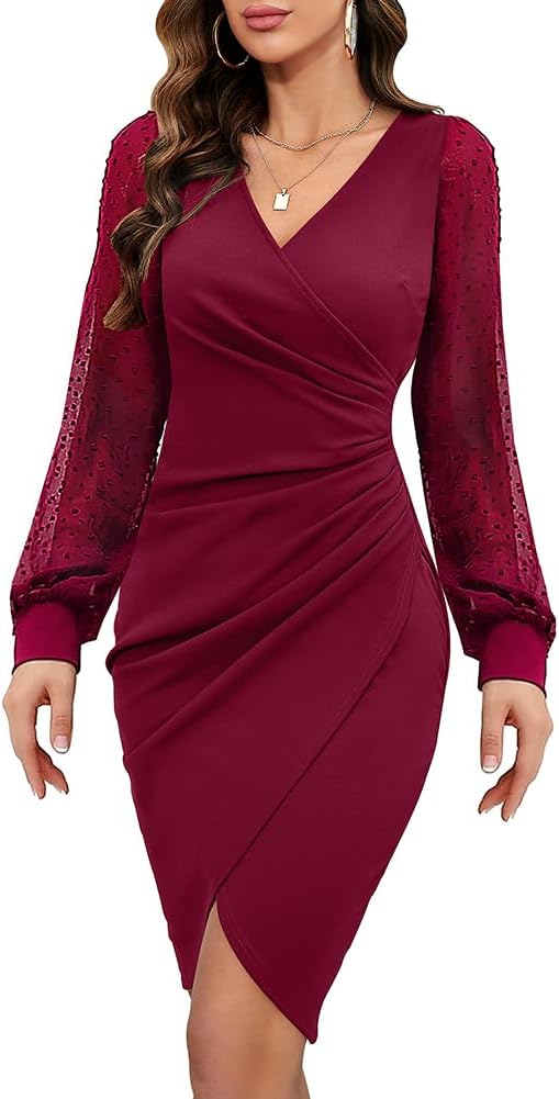ihot Women's 2026 Sexy V Neck Mesh Long Sleeve Faux Wrap Ruched Sheath Bodycon Party Cocktail Work Dress