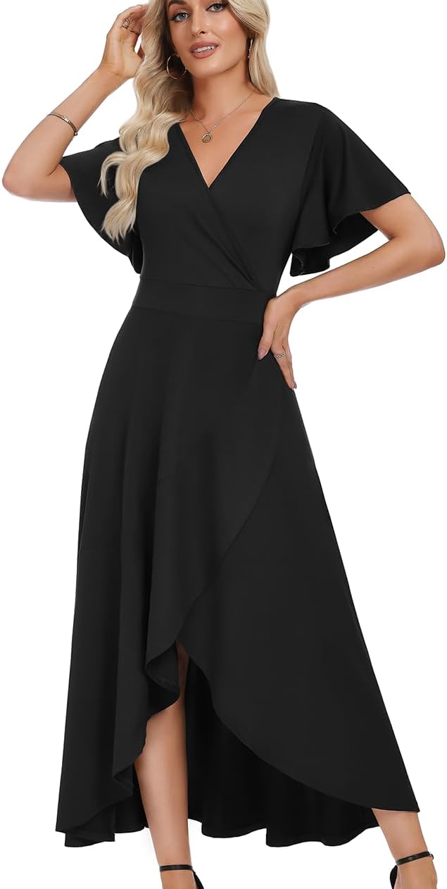 WEACZZY Women V Neck Ruffle Sleeve Maxi Dresses Split Elegant Slim Wrap Waist Wedding Guest Dress Elegant Casual Dresses 2026