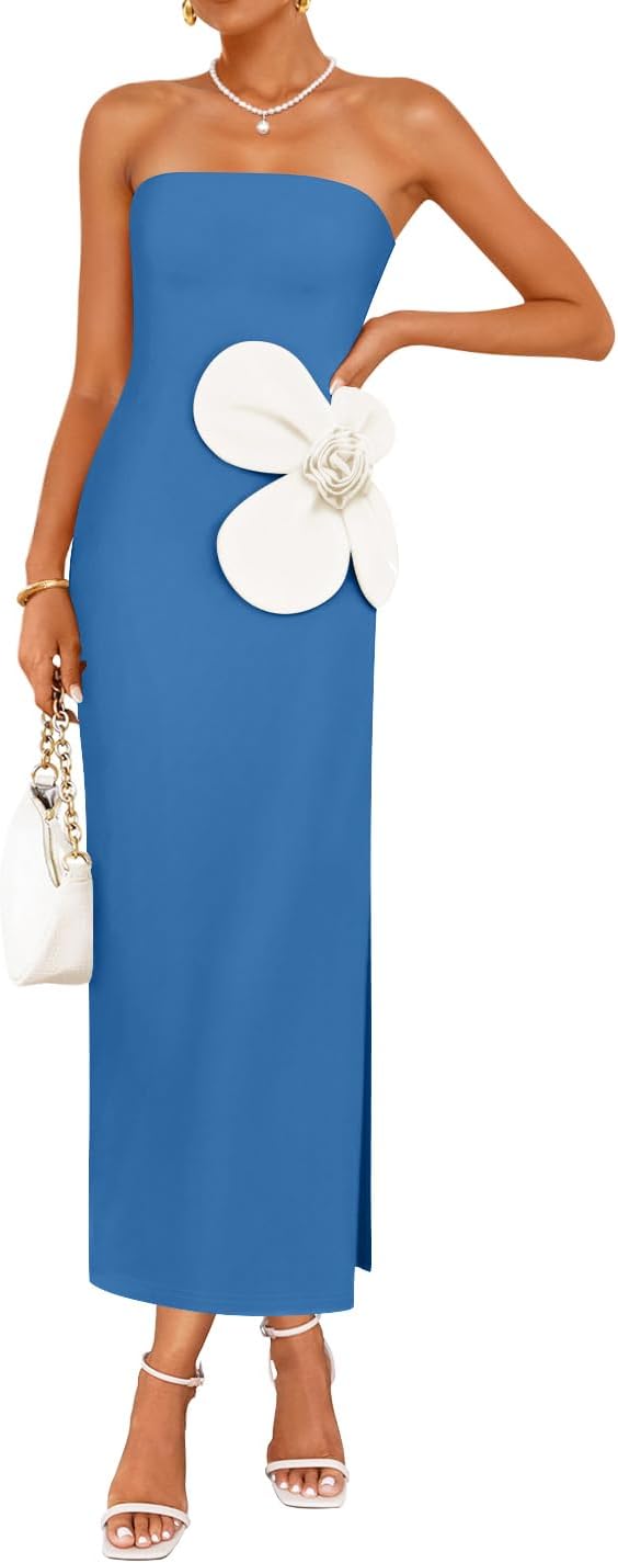 ZESICA Womens Summer Cocktail Strapless Bodycon Maxi Dress | Backless, Floral Tube Dress, Formal Long Dress, Wedding Guest Dress, Party Dress for Women