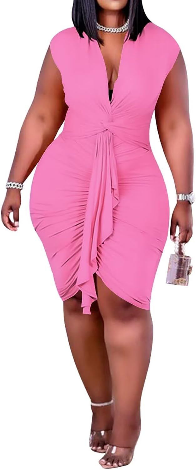 IyMoo Women's Sexy Plus Size Bodycon Drawstring Ruched Mini Club Dress | Sleeveless, Short Dress, Clubwear, Party,Night Out, Evening,Date, Brunch, Vacation, Holiday, Wedding,Homecoming,Tummy Control