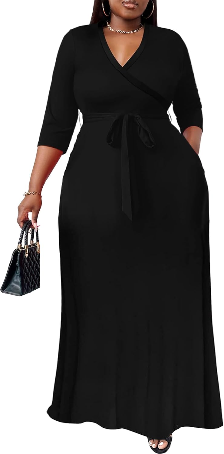 Nmoder Plus Size Maxi Dresses for Curvy Women -Summer Casual Long Fit Dress | Semi Formal, 3\/4 Sleeve V-Neck Flowy Dress, With Pockets And Belt, XL- 6XL
