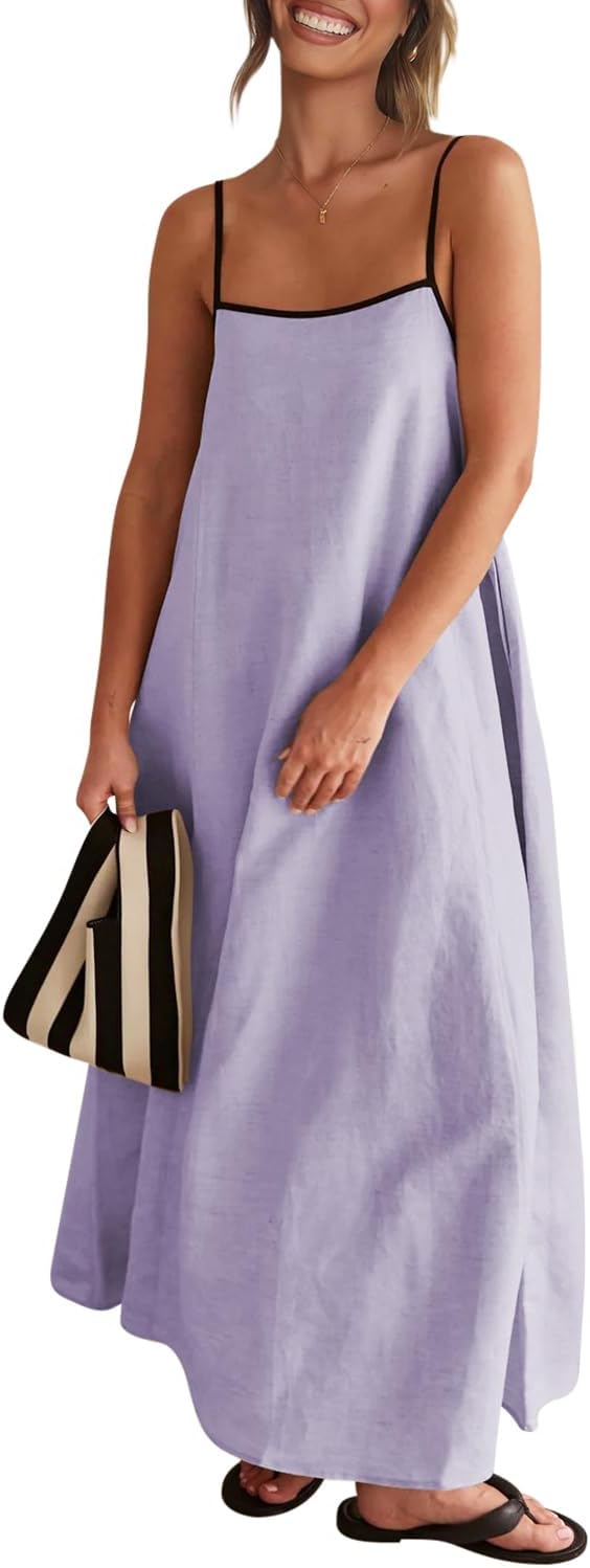 Senllen Women's Linen Maxi Dress 2026 Summer Fall Sundress with Pockets | Adjustable Spaghetti Straps Sleeveless Backless Tie Back Contrast Trim Casual Beach Vacation Wedding Guest Boho Dresses