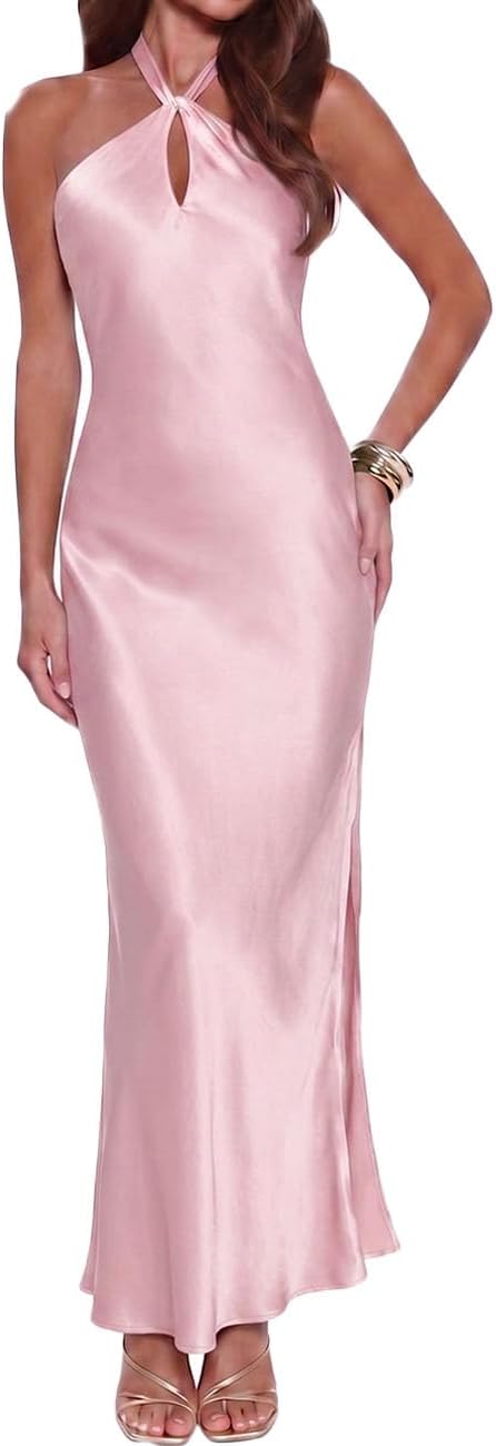 Gmeitoey Satin Halter Maxi Dress for Women Formal Bridesmaid Wedding Guest | Silk,Backless,Sleeveless,Slit,Elegant,Cocktail,Evening,DateNight,Vacation,Beach Wedding,Garden Wedding,Prom,Anniversary