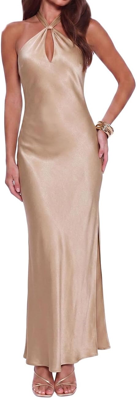 Gmeitoey Satin Halter Maxi Dress for Women Formal Bridesmaid Wedding Guest | Silk,Backless,Sleeveless,Slit,Elegant,Cocktail,Evening,DateNight,Vacation,Beach Wedding,Garden Wedding,Prom,Anniversary