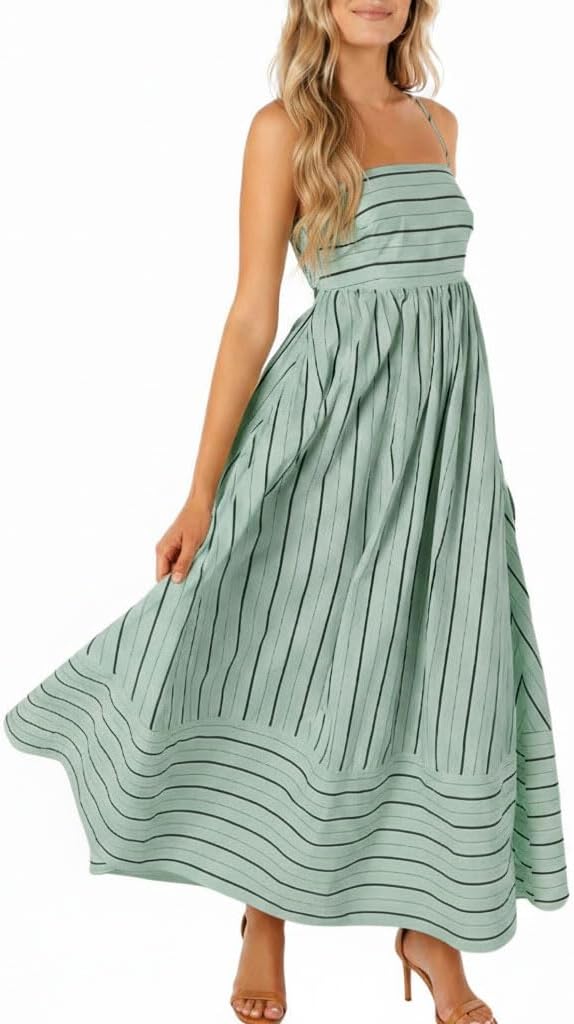 chouyatou Women's Striped Back Smocked Maxi Dress Sexy Spaghetti Strap Cut Out Flowy Swing Long Dress