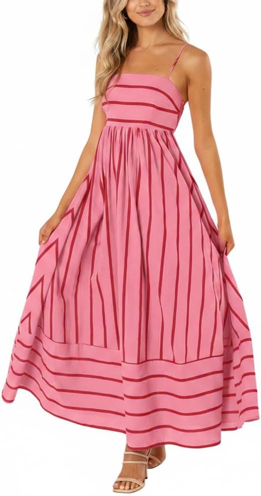 chouyatou Women's Striped Back Smocked Maxi Dress Sexy Spaghetti Strap Cut Out Flowy Swing Long Dress