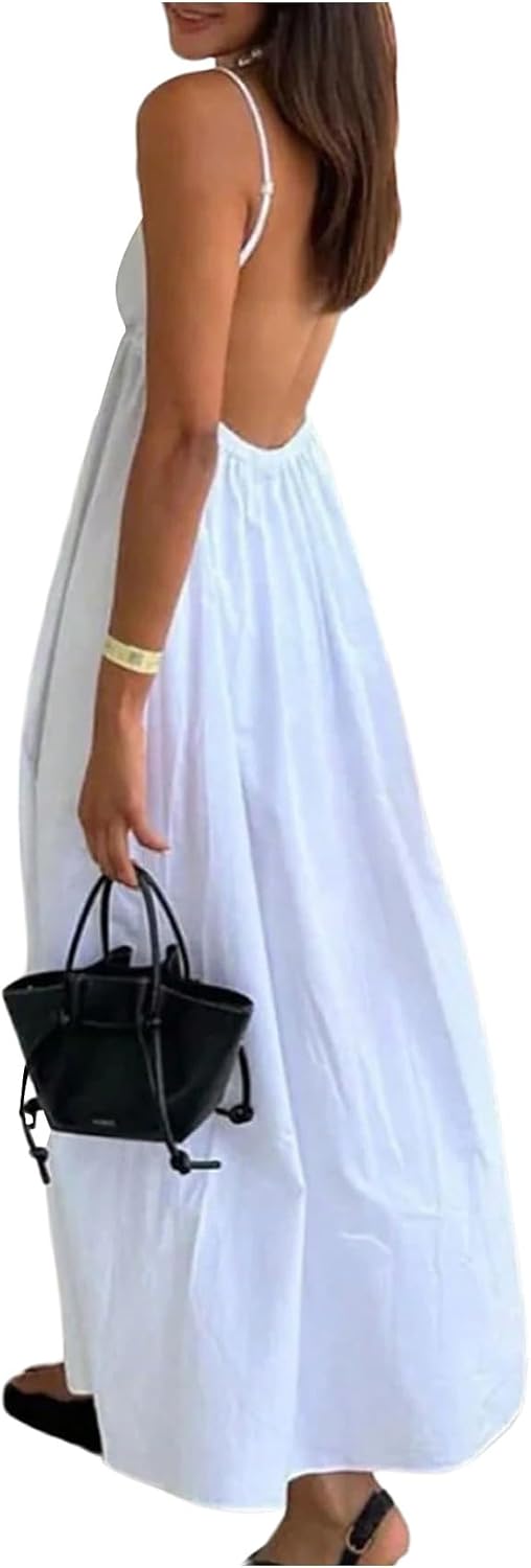 SOLY HUX Women's Summer Backless V Neck Loose Flowy Midi Cami Dress | Spaghetti Strap, Casual, Vacation Outfits, Sundress, Open Back, Long Dress， Trendy