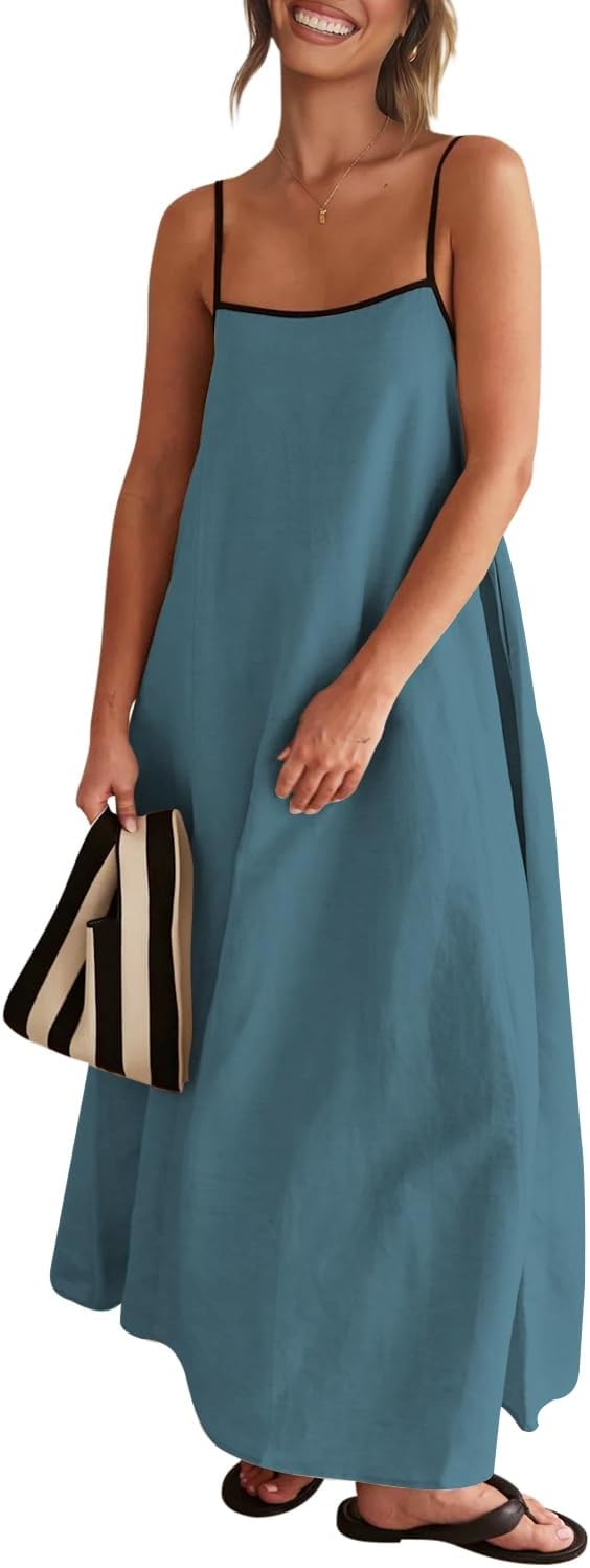 Senllen Women's Linen Maxi Dress 2026 Summer Fall Sundress with Pockets | Adjustable Spaghetti Straps Sleeveless Backless Tie Back Contrast Trim Casual Beach Vacation Wedding Guest Boho Dresses
