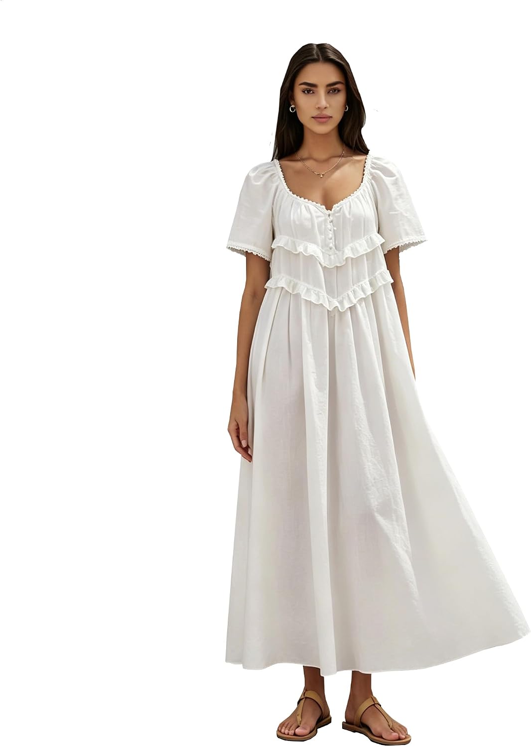 DAOLUAN Women Short Sleeve Low\u2011Cut Long Dress, Solid Plaid Pleated Loose Swing Maxi Dress, Beach Lazy Wind Casual Dress