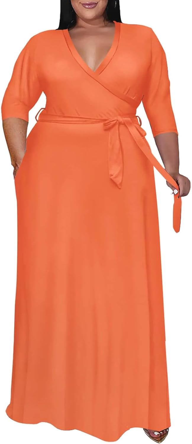 Nmoder Plus Size Maxi Dresses for Curvy Women -Summer Casual Long Fit Dress | Semi Formal, 3\/4 Sleeve V-Neck Flowy Dress, With Pockets And Belt, XL- 6XL