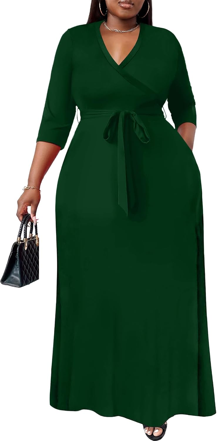 Nmoder Plus Size Maxi Dresses for Curvy Women -Summer Casual Long Fit Dress | Semi Formal, 3\/4 Sleeve V-Neck Flowy Dress, With Pockets And Belt, XL- 6XL