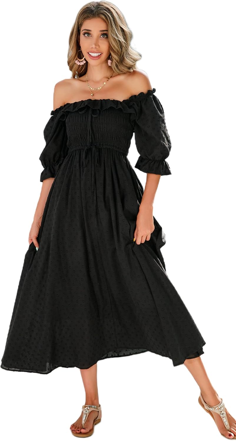R.Vivimos Women Summer Cotton A Line Flowy Long Dresses | Half Sleeve, Ruffled, Vintage Elegant, Smocked Backless Dress, Maternity Shoot, Baby Shower, Casual Vacation Outfits