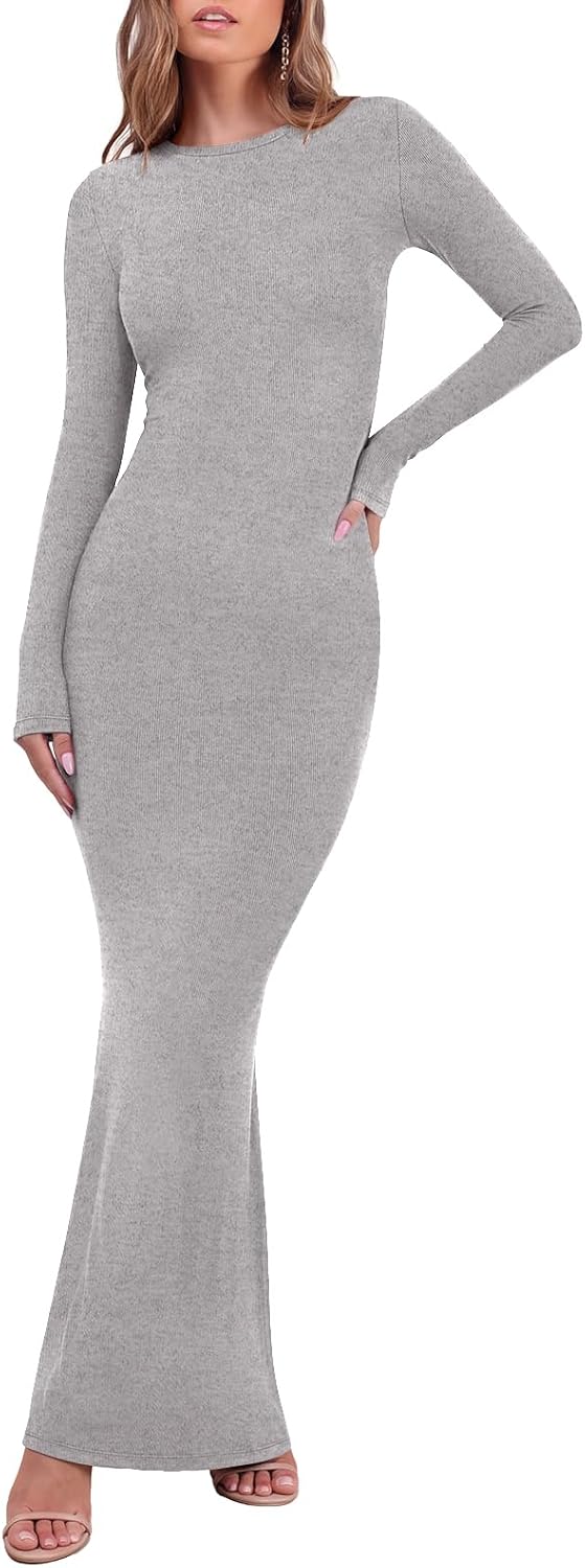REORIA Women's Long Sleeve Ribbed Bodycon Maxi Dresses | Long Dress,Sexy Crew Neck Lounge, Formal,Cocktail,Wedding Guest,Maternity,2026 Fall Winter outfits,Elegant,Casual