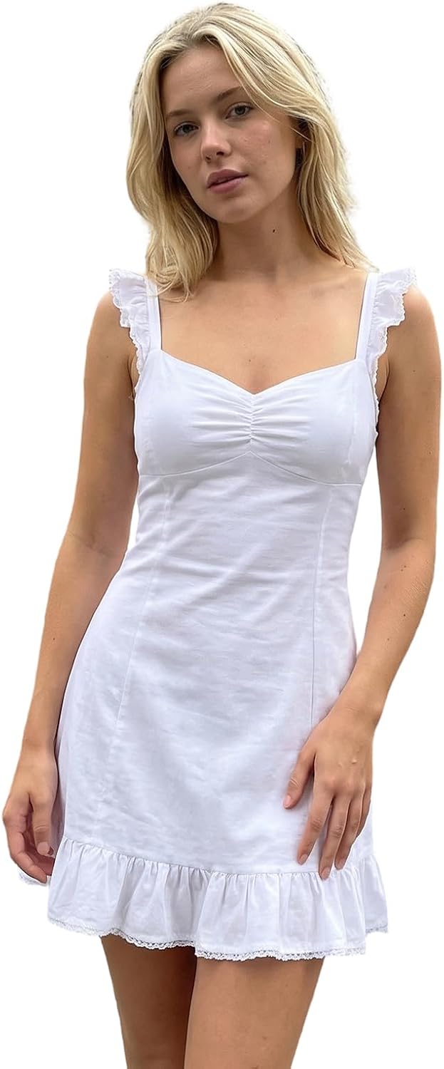 Women's Summer Mini Dress Solid Color Lace Trim Flying Sleeve V-Neck A Line Cami Dress for Beach Vacation Daily Going Out