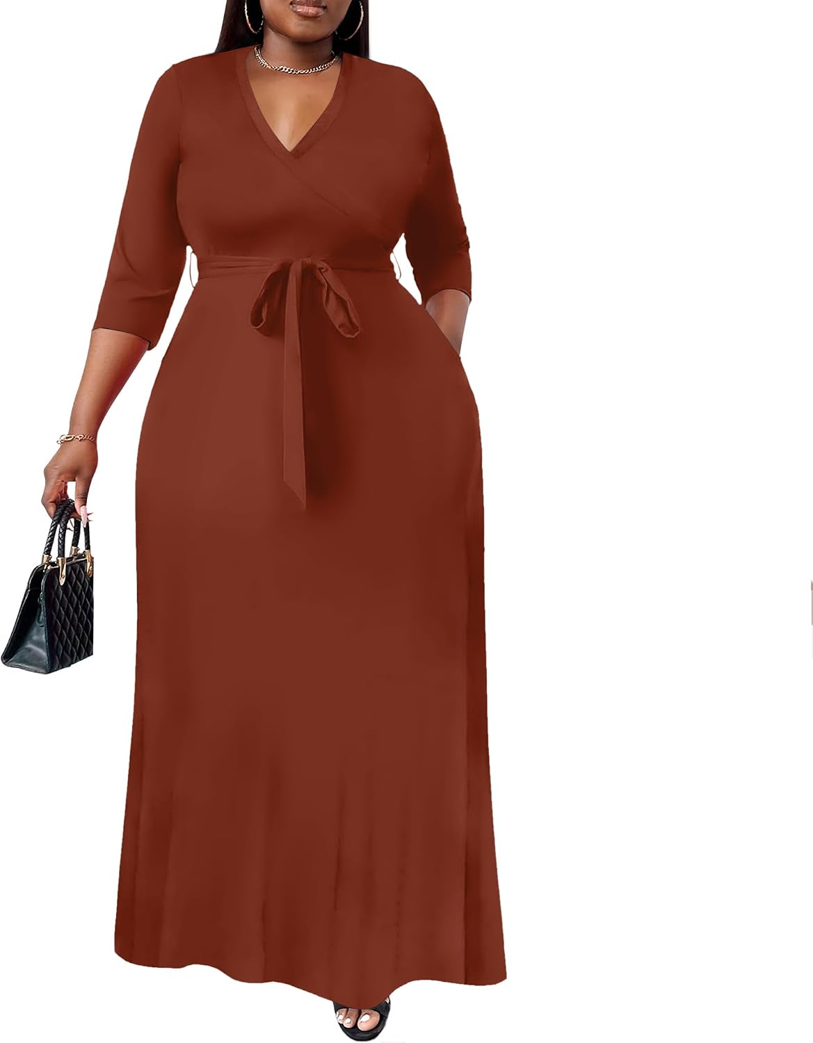 Nmoder Plus Size Maxi Dresses for Curvy Women -Summer Casual Long Fit Dress | Semi Formal, 3\/4 Sleeve V-Neck Flowy Dress, With Pockets And Belt, XL- 6XL