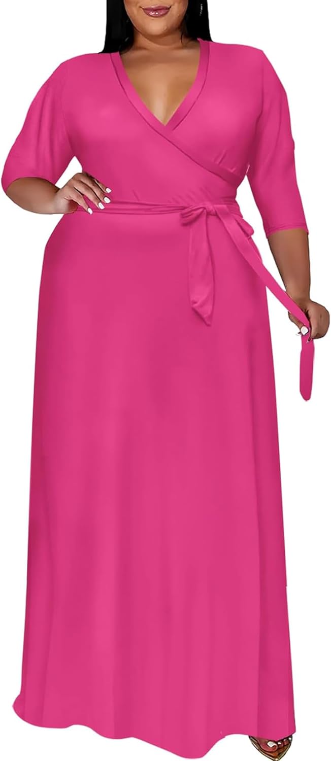 Nmoder Plus Size Maxi Dresses for Curvy Women -Summer Casual Long Fit Dress | Semi Formal, 3\/4 Sleeve V-Neck Flowy Dress, With Pockets And Belt, XL- 6XL