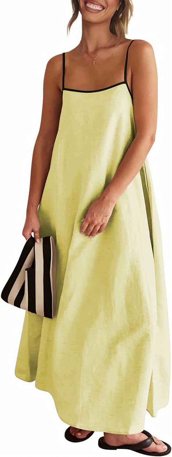 Senllen Women's Linen Maxi Dress 2026 Summer Fall Sundress with Pockets | Adjustable Spaghetti Straps Sleeveless Backless Tie Back Contrast Trim Casual Beach Vacation Wedding Guest Boho Dresses