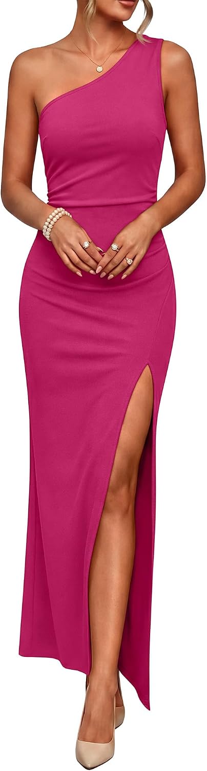 Caracilia Womens Summer One Shoulder Wedding Guest Dress | Cocktail Party Evening Formal Maxi Dresses, Dressy Elegant, Slim Fit Sleeveless Ruched High Split Bodycon