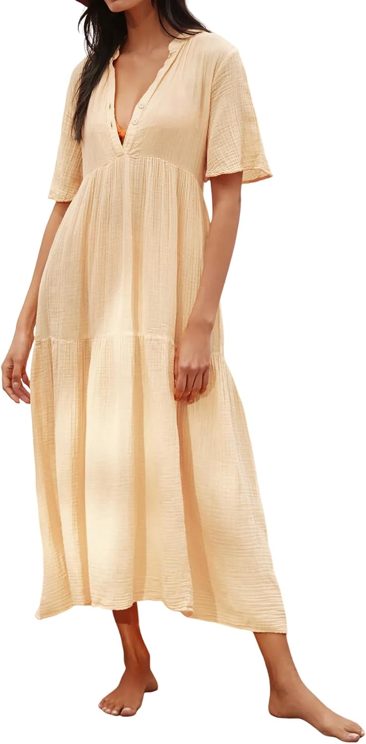 R.Vivimos Womens Summer Cotton Casual Flowy Maxi Dress | Short Sleeve, V Neck, Empire Waist, Boho Tiered Ruffle, Beach Vacation Loose Long Dresses