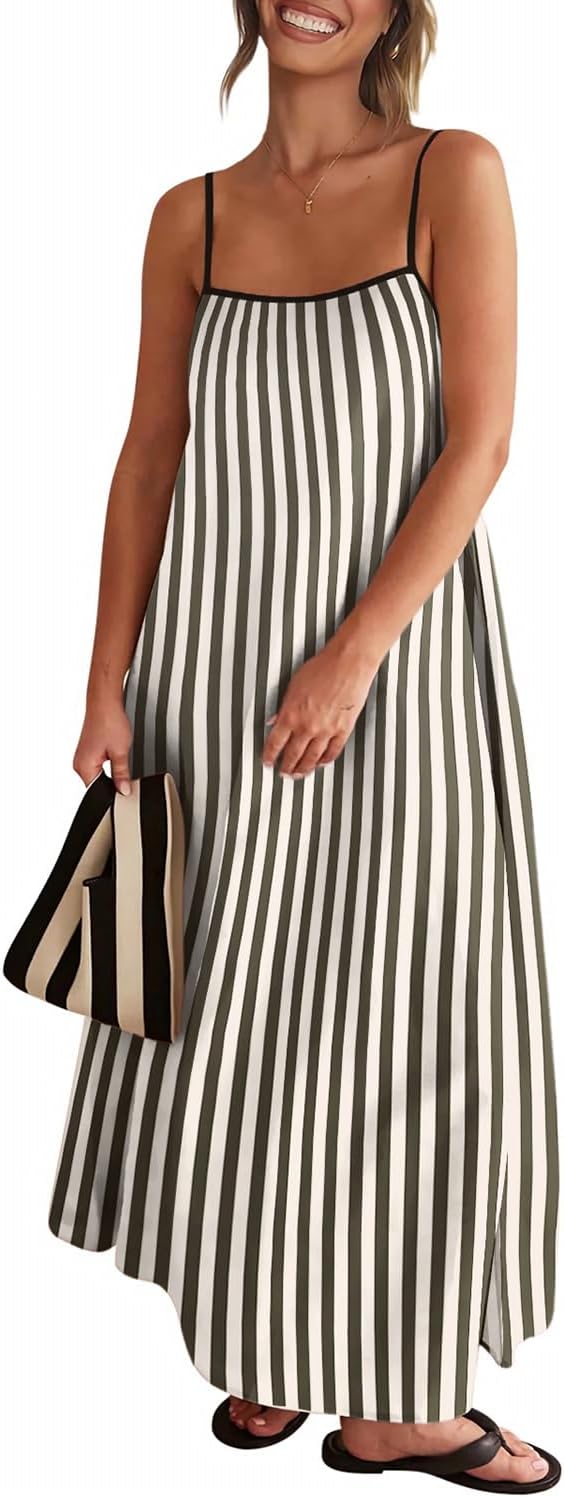 Senllen Women's Linen Maxi Dress 2026 Summer Fall Sundress with Pockets | Adjustable Spaghetti Straps Sleeveless Backless Tie Back Contrast Trim Casual Beach Vacation Wedding Guest Boho Dresses