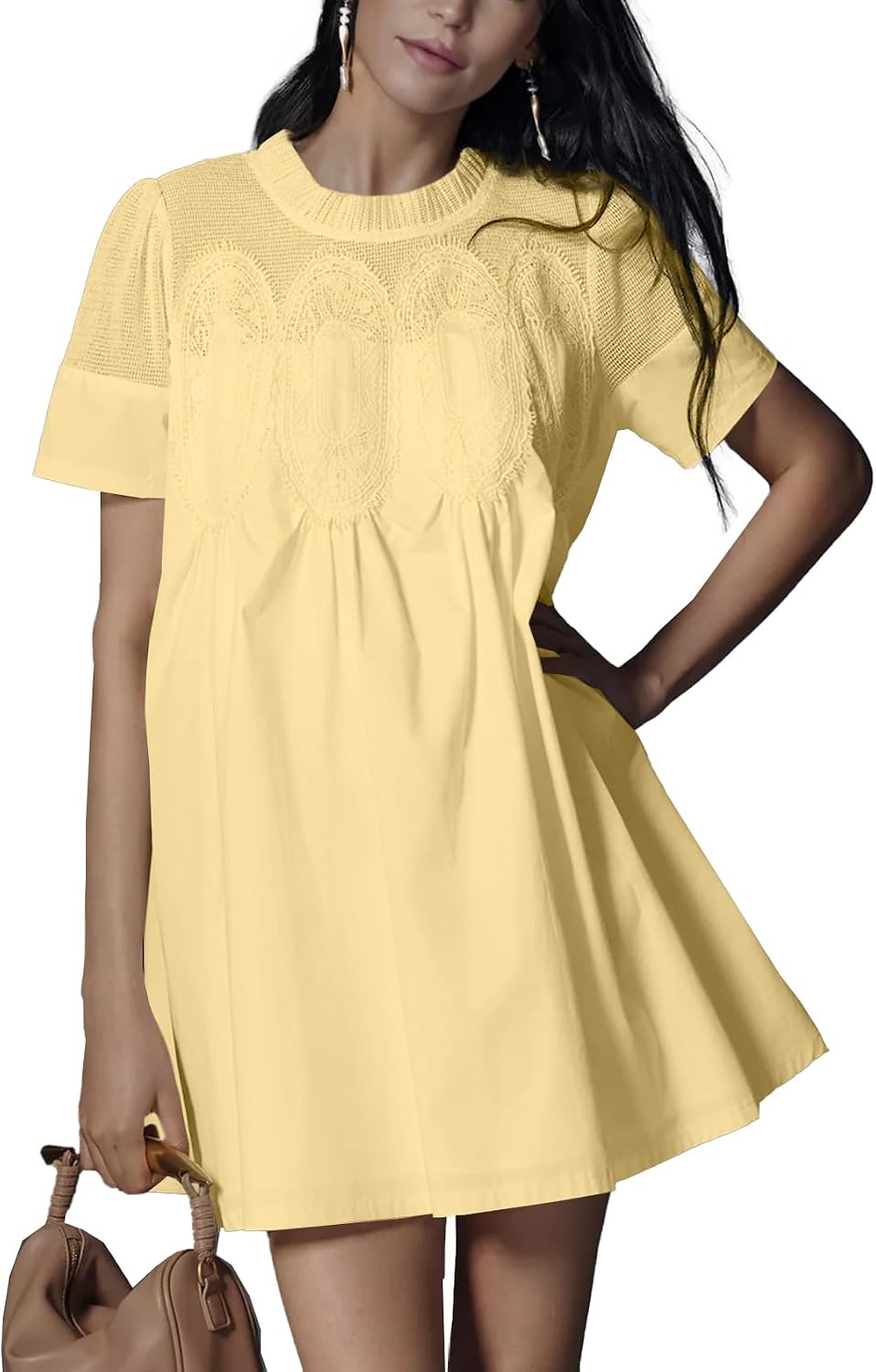 Shiyifa Womens Lace Babydoll Mini Dresses Summer Short Sleeve Sundress | A-Line Baby doll Dress with Lining, Sheer Mesh Patchwork, 2 Pockets, Boho Ruffled Sundress for Daily, Beach and Vacation
