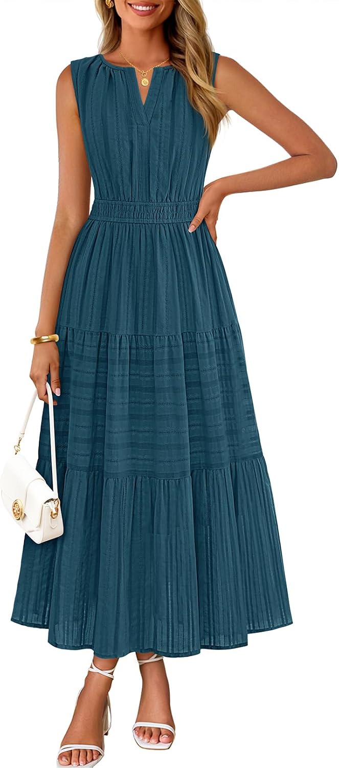 MEROKEETY Summer Casual Sleeveless V Neck Midi Maxi Cotton Dress Women 2026 | Shirred Waist, Eyelets, Tiered, Lined, with Pockets, Boho, Semi Formal, Modest, Vacation, Bridal Shower, Church, Long Dresses