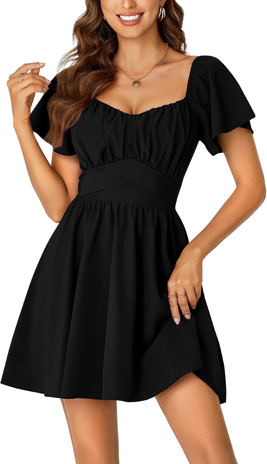 Rooscier Women's Tie Back Short Sleeve Mini Dress | Square Neck Wrap Ruffle Sleeve Flare Dresses