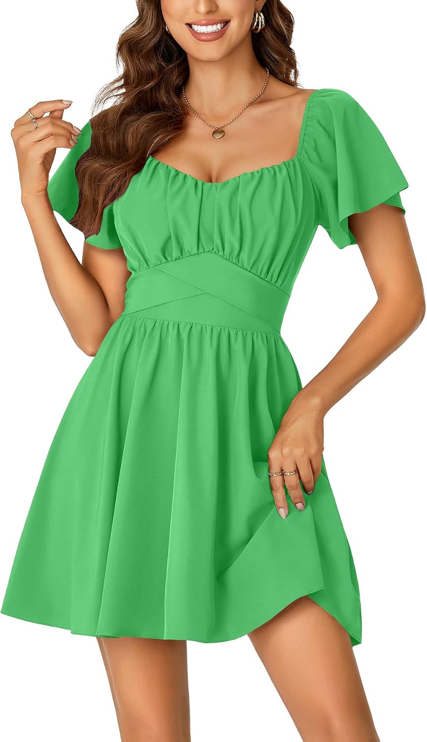 Rooscier Women's Tie Back Short Sleeve Mini Dress | Square Neck Wrap Ruffle Sleeve Flare Dresses