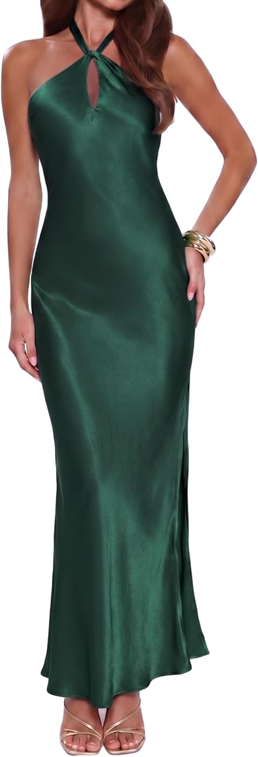 Gmeitoey Satin Halter Maxi Dress for Women Formal Bridesmaid Wedding Guest | Silk,Backless,Sleeveless,Slit,Elegant,Cocktail,Evening,DateNight,Vacation,Beach Wedding,Garden Wedding,Prom,Anniversary