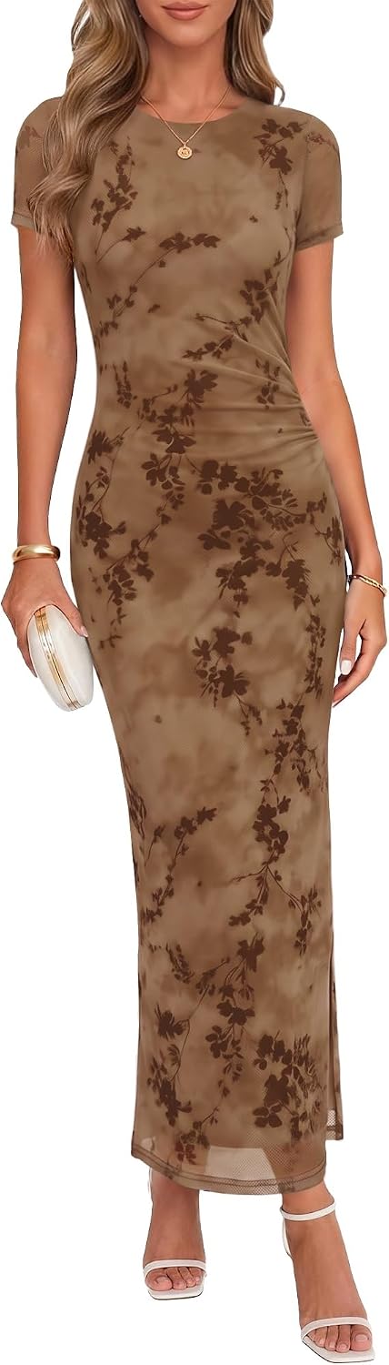 Chunpin Women's 2026 Floral Bodycon Maxi Dress Formal Cocktail Dresses | Wedding Guest Dresses for Women, Ruched Mesh, Elegant Dress, Party Dress, Crew Neck&Short Sleeve, Slit, Summer