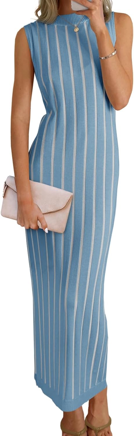 Wenrine Womens Sleeveless Sweater Dress Mock Neck Knit Tank Maxi Dresses | Ribbed Knit, Stretchy, Bodycon, Textured, Vertical Striped, Summer & Fall, Long Midi Dress