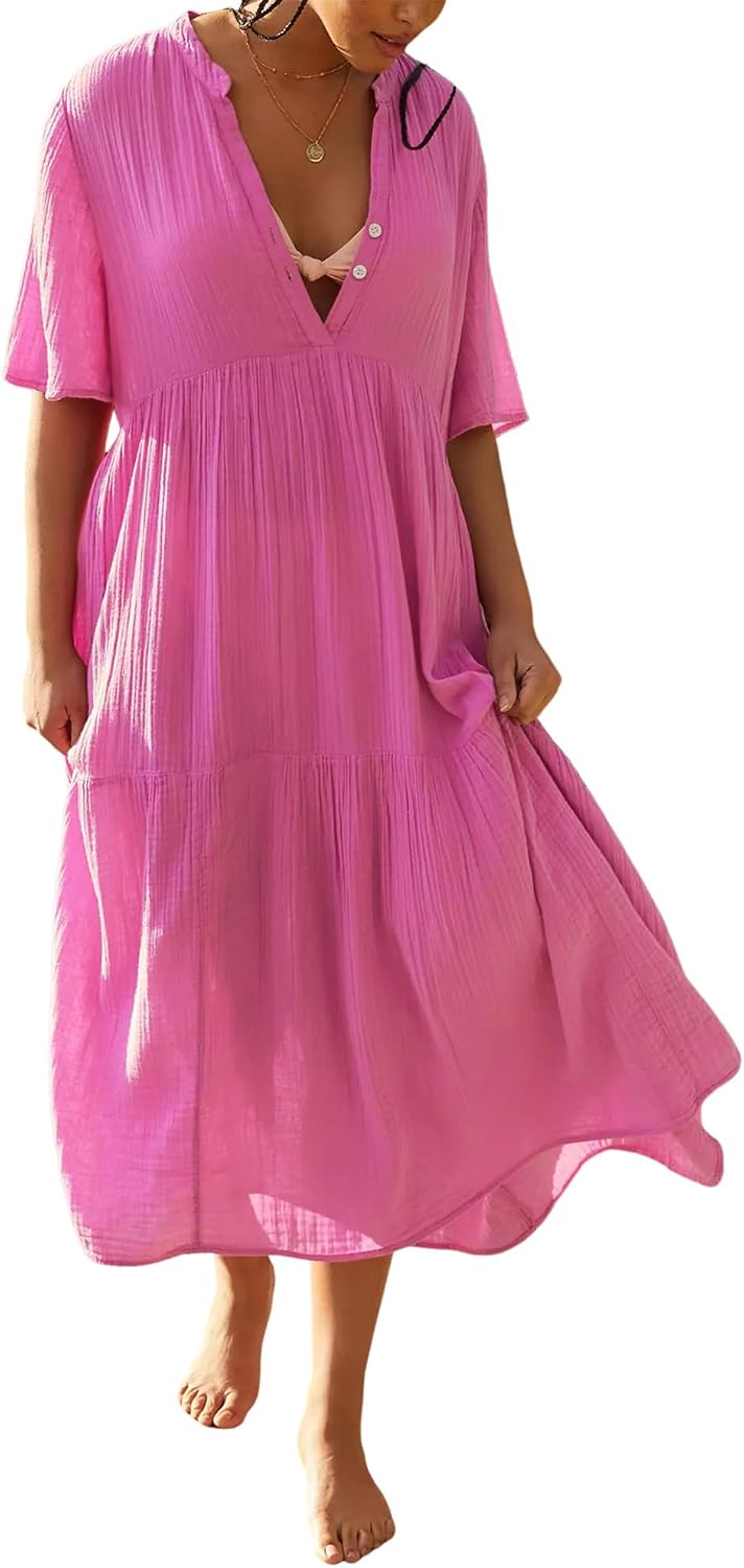 R.Vivimos Womens Summer Cotton Casual Flowy Maxi Dress | Short Sleeve, V Neck, Empire Waist, Boho Tiered Ruffle, Beach Vacation Loose Long Dresses