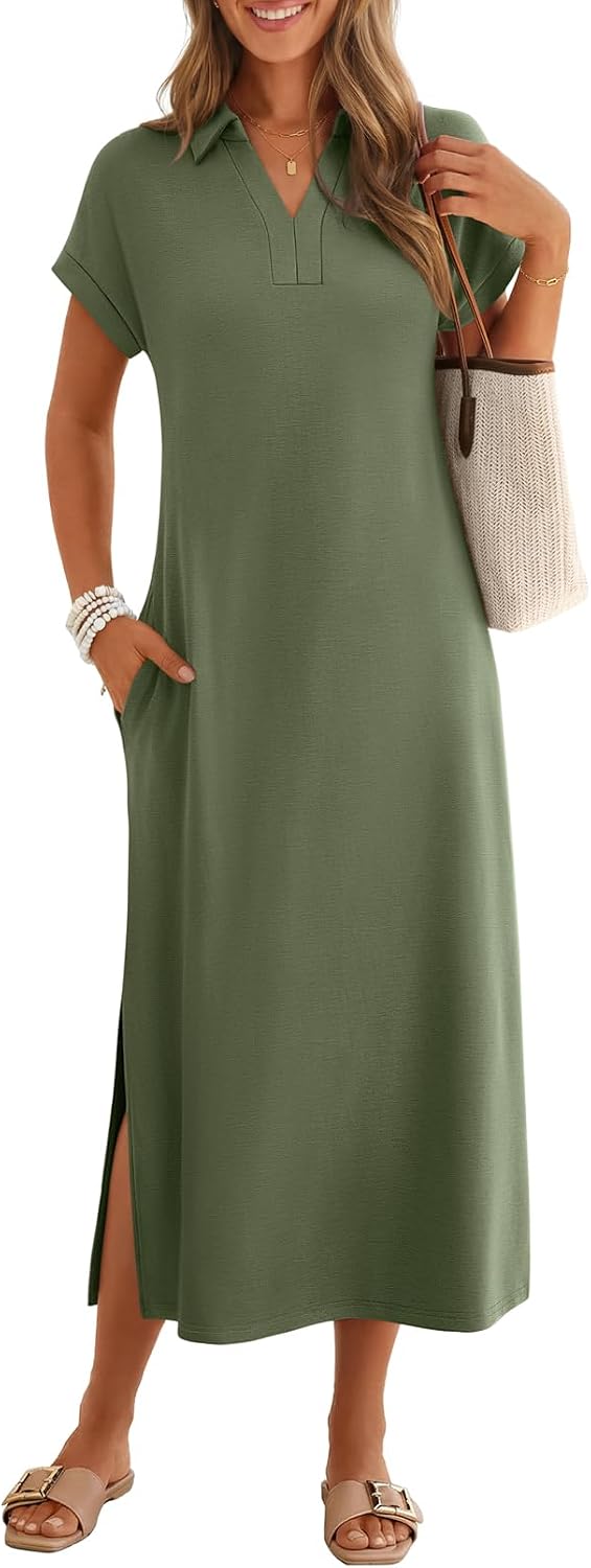 MEROKEETY Women's Summer Casual V Neck Collared T Shirt Long Maxi Dress | Short Cap Sleeve, Loose Fit, Beach Vacation, Work Office Polo Dresses, Wrinkle-Free Sundress Travel Resort Outfits 2026