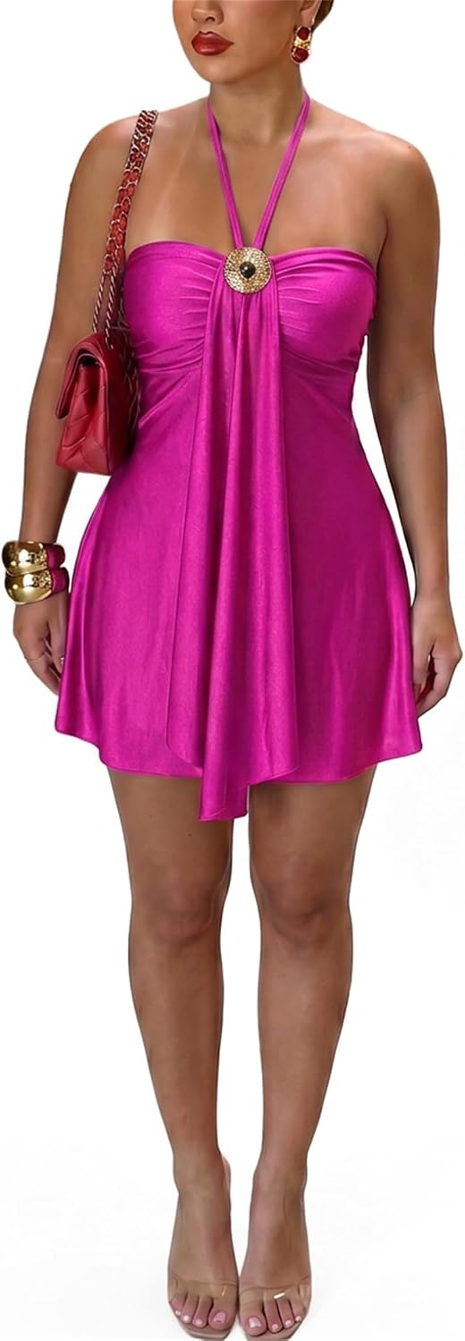 Women's Satin Halter Mini Dress Backless Flowy Vacation Going Out Dress | Soft Stretch Satin,Ruched Bust,Ruffle Hem&Flowy A-Line Fit,Perfect for Club,Night Out,Birthday Party,Homecoming,Resort Wear