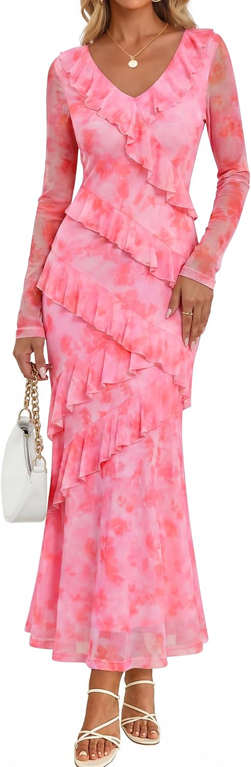 ZESICA Wedding Guest Dresses for Women Fall Long Sleeve Floral Maxi Dress | 2026 Early Fall Fashion, Bodycon, V Neck, Mesh Fabric, Tiered Ruffle, Boho Long Dress, Baby Shower, Cocktail, Bridal Dress