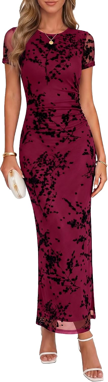 Chunpin Women's 2026 Floral Bodycon Maxi Dress Formal Cocktail Dresses | Wedding Guest Dresses for Women, Ruched Mesh, Elegant Dress, Party Dress, Crew Neck&Short Sleeve, Slit, Summer