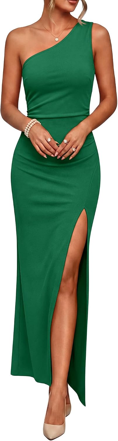 Caracilia Womens Summer One Shoulder Wedding Guest Dress | Cocktail Party Evening Formal Maxi Dresses, Dressy Elegant, Slim Fit Sleeveless Ruched High Split Bodycon