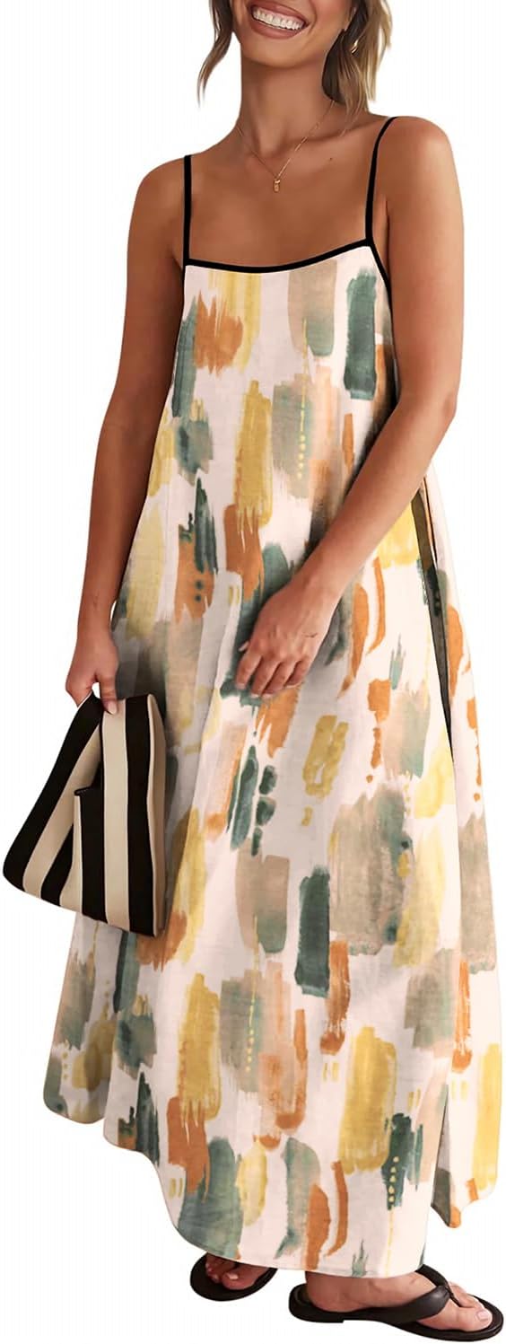 Senllen Women's Linen Maxi Dress 2026 Summer Fall Sundress with Pockets | Adjustable Spaghetti Straps Sleeveless Backless Tie Back Contrast Trim Casual Beach Vacation Wedding Guest Boho Dresses