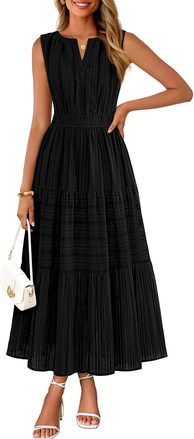 MEROKEETY Summer Casual Sleeveless V Neck Midi Maxi Cotton Dress Women 2026 | Shirred Waist, Eyelets, Tiered, Lined, with Pockets, Boho, Semi Formal, Modest, Vacation, Bridal Shower, Church, Long Dresses