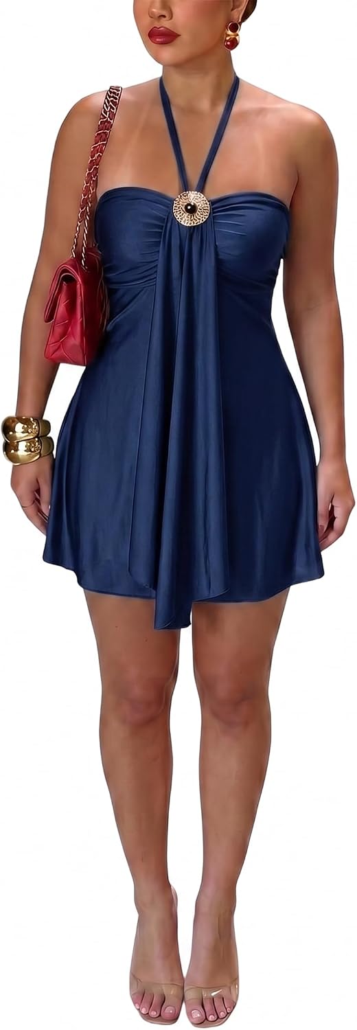 Women's Satin Halter Mini Dress Backless Flowy Vacation Going Out Dress | Soft Stretch Satin,Ruched Bust,Ruffle Hem&Flowy A-Line Fit,Perfect for Club,Night Out,Birthday Party,Homecoming,Resort Wear