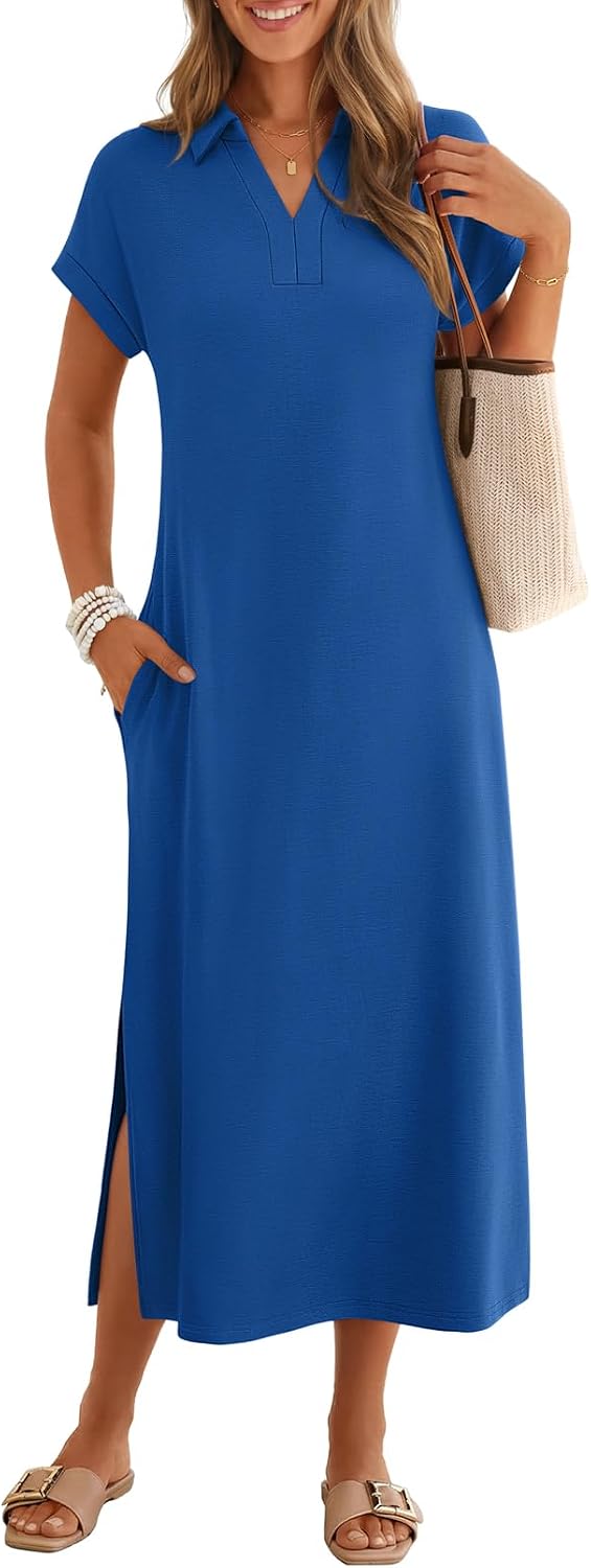 MEROKEETY Women's Summer Casual V Neck Collared T Shirt Long Maxi Dress | Short Cap Sleeve, Loose Fit, Beach Vacation, Work Office Polo Dresses, Wrinkle-Free Sundress Travel Resort Outfits 2026