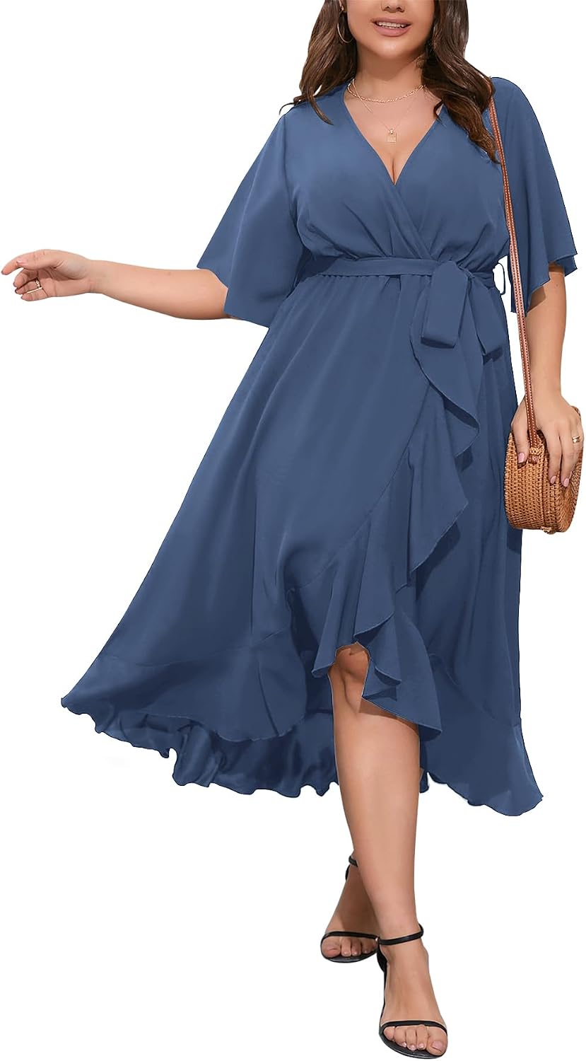 SCOMCHIC Women Plus Size Wedding Guest Maxi Dress | Short Sleeve, Wrap V Neck, High Low, Split, Ruffle Long Dress