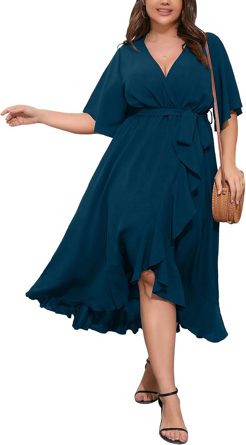 SCOMCHIC Women Plus Size Wedding Guest Maxi Dress | Short Sleeve, Wrap V Neck, High Low, Split, Ruffle Long Dress