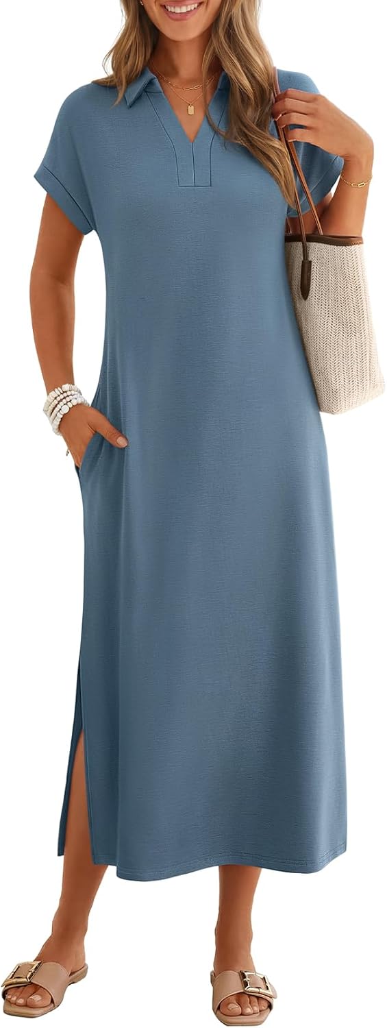 MEROKEETY Women's Summer Casual V Neck Collared T Shirt Long Maxi Dress | Short Cap Sleeve, Loose Fit, Beach Vacation, Work Office Polo Dresses, Wrinkle-Free Sundress Travel Resort Outfits 2026
